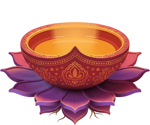 Red and gold Diwali diya on purple lotus petals