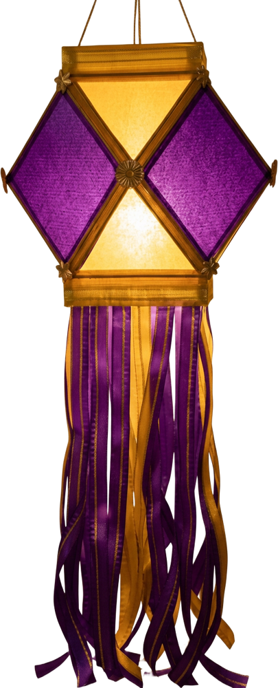 Glowing purple and yellow traditional kandil with long ribbon tassels